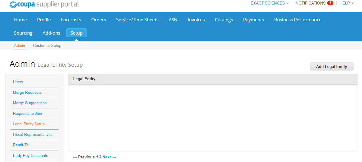 Screenshot of Legal Entity Setup page on the Coupa Supplier Portal.